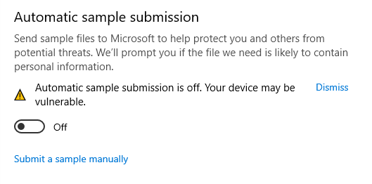 يتم إيقاف تشغيل أخذ العينات التلقائي لإصلاح خدمة Antimalware Service Executable
