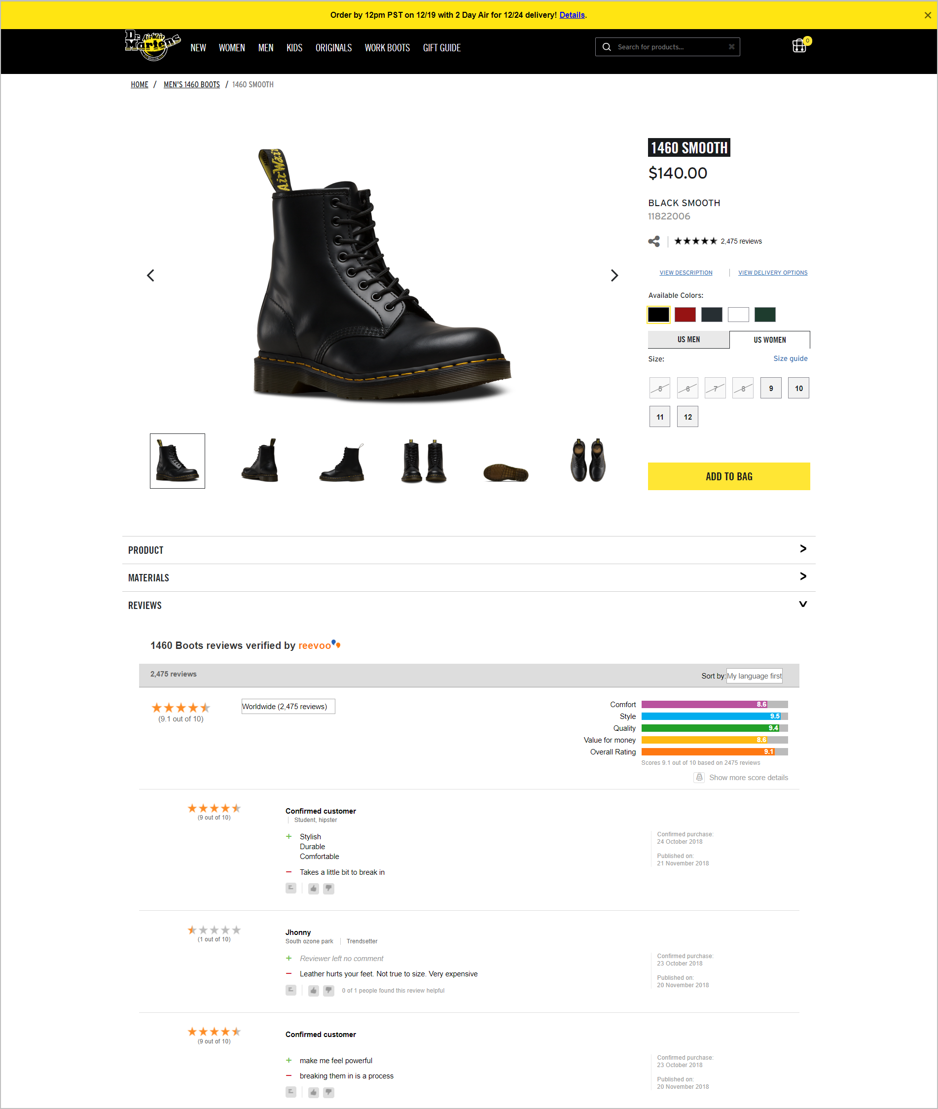 DrMartens.com'un ürün detay sayfası DrMartens.com's product detail page with reviews from Reevoo.