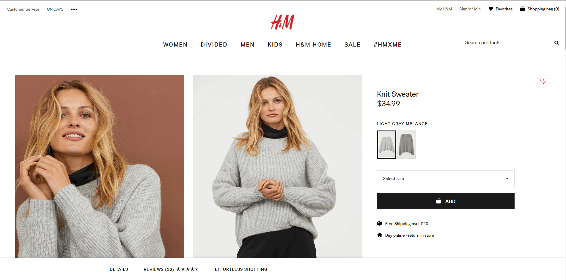 H&M.com'un ürün detay sayfası H&M.com's product detail page with the rating and review indicator at the bottom of the screen.