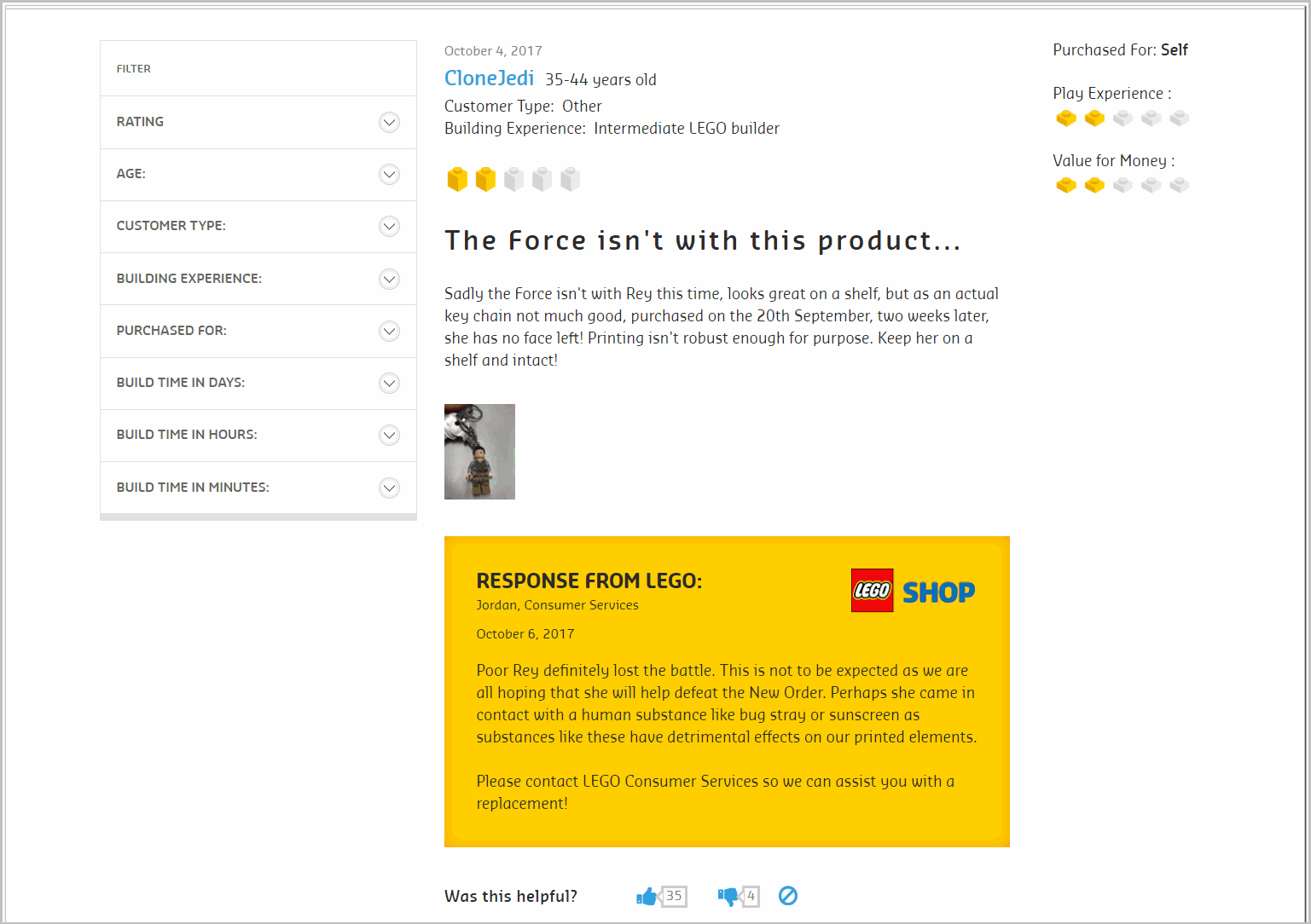 shop.lego.com'un ürün detay sayfasındaki ürün incelemesi Product review on shop.lego.com's product detail page with response from Lego.