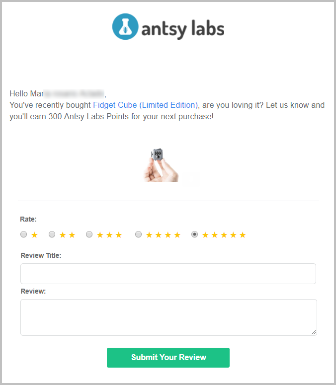 Antsy Labs'in takip e-postası Antsy Labs's follow-up e-mail asking the customer to rate and review the product.