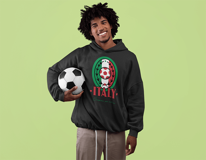 Pulover Hoodie Machetă a unui bărbat zâmbitor cu coafură afro ținând în mână o minge de fotbal