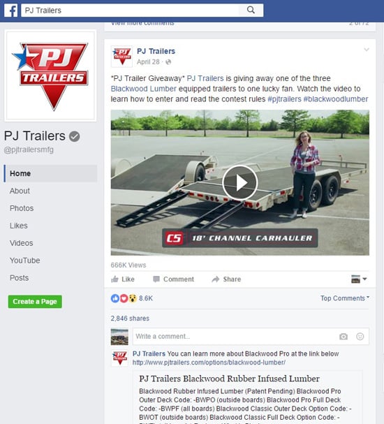 Sorteo de video de la línea de tiempo de Facebook de PJ Trailers y Blackwood Lumber