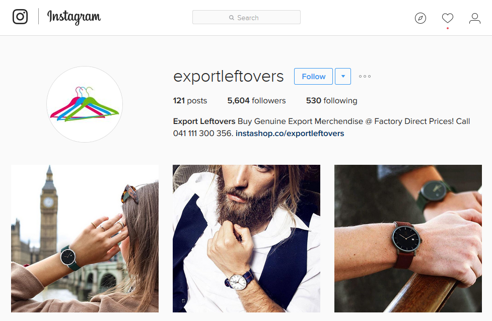 Exemple de vitrine cliquable Instagram