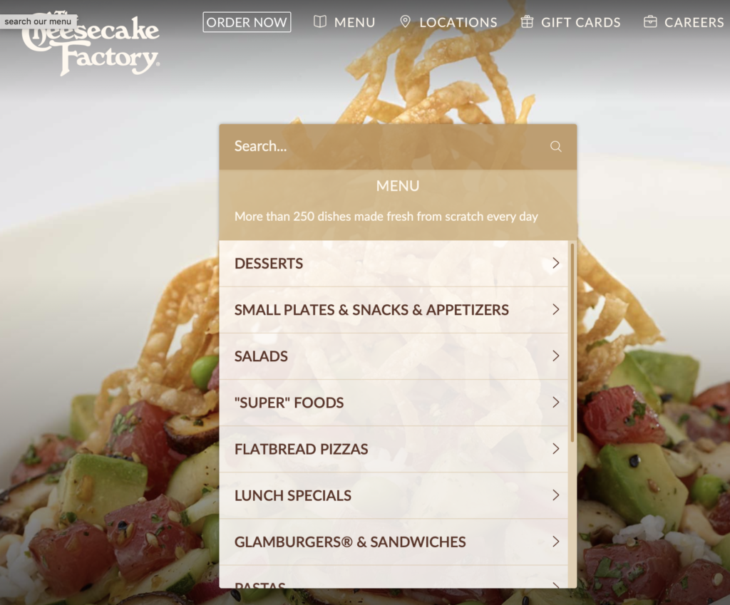 Menù della Cheesecake Factory