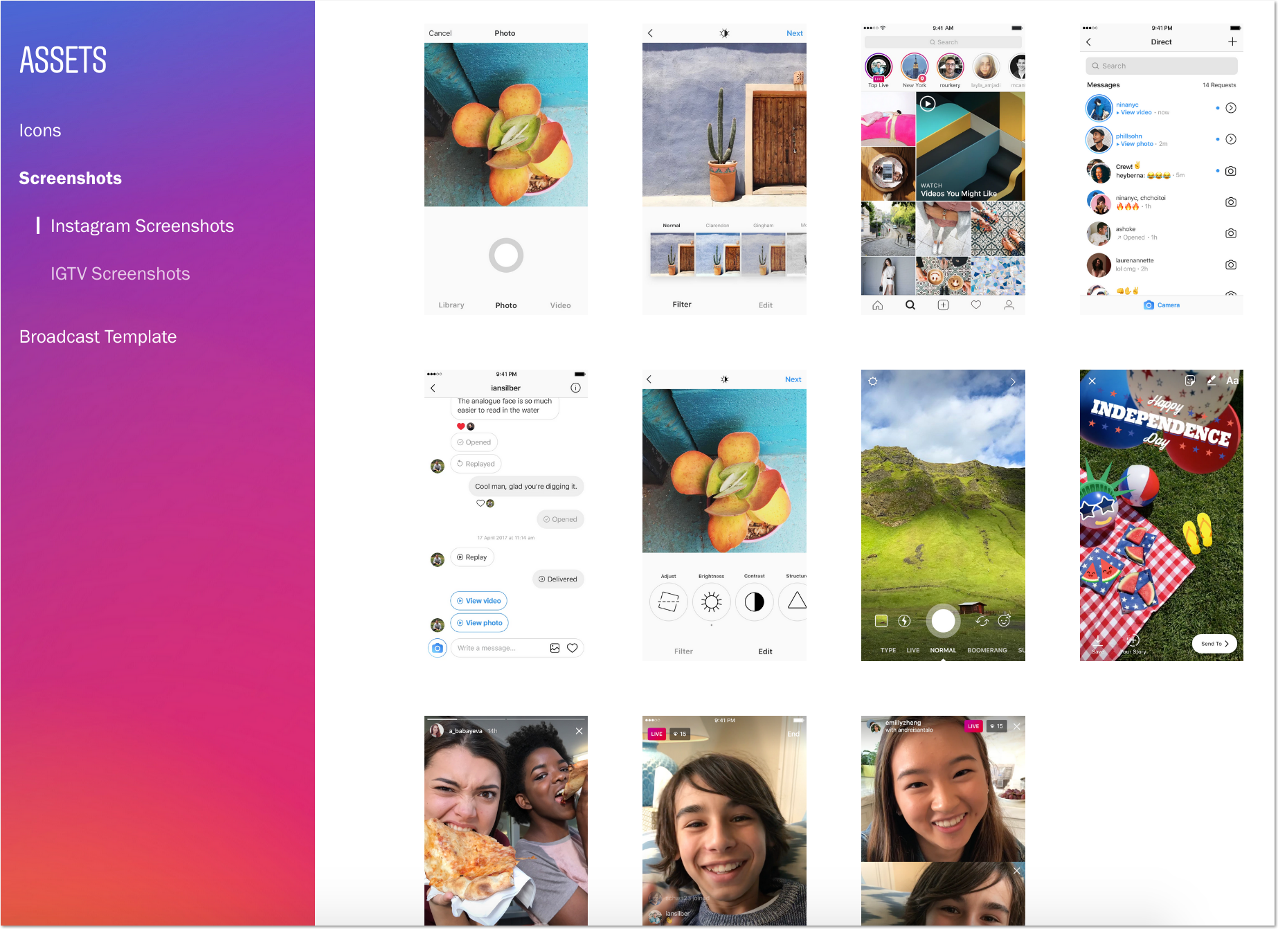 来自 instagram 的新闻页面的样式指南/资产示例