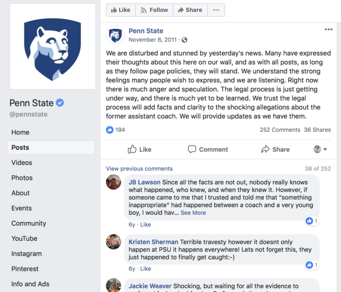 Penn State crisi dei social media