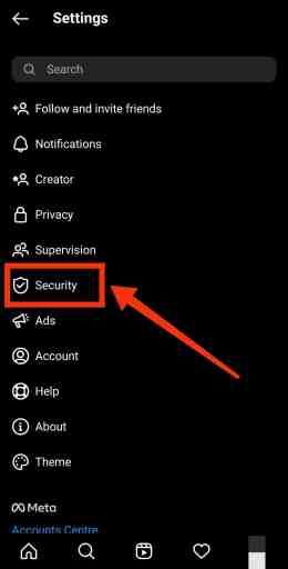 Tocca l'opzione di sicurezza per modificare la password di Instagram senza la vecchia password