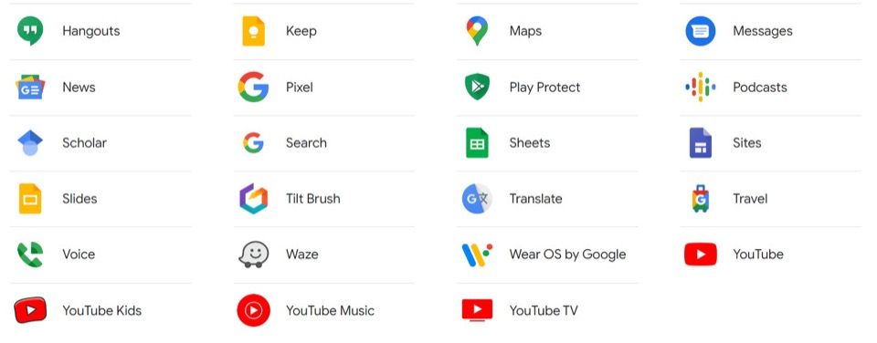 各種 Google 產品的網格