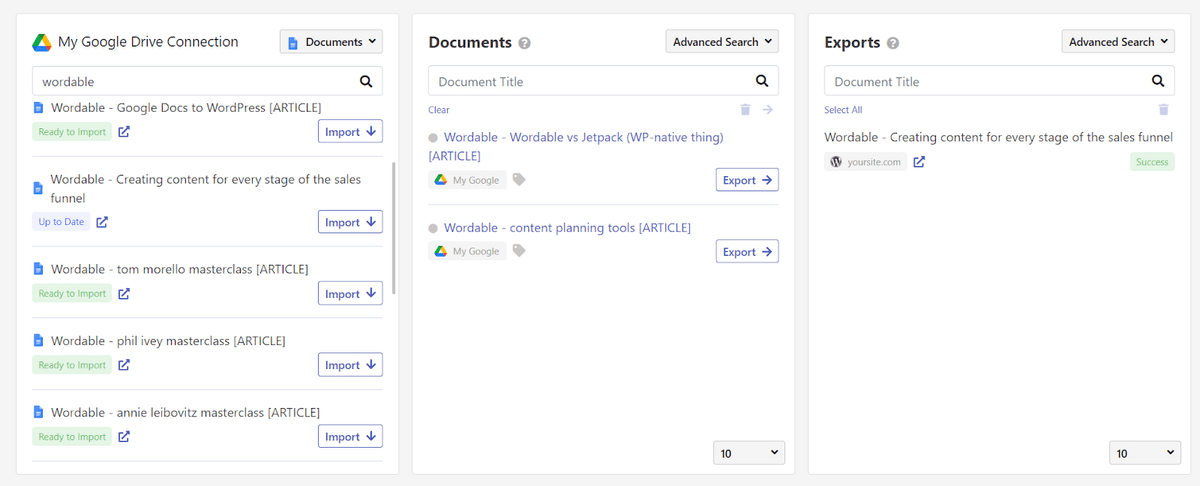 Tabloul de bord Wordable pentru import și export Google Docs