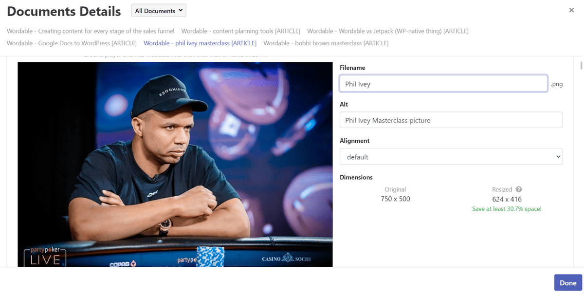 Editarea numelui și a atributelor imaginii în Wordable
