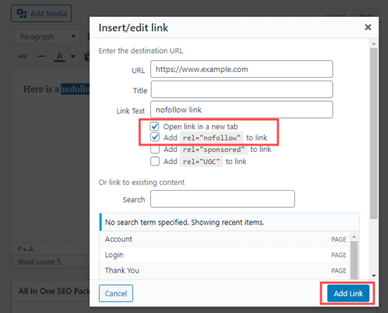 WordPressでnofollowリンクを自動追加する方法の例
