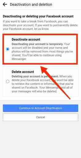 Haga clic en Desactivar cuenta Opción para desactivar temporalmente Facebook