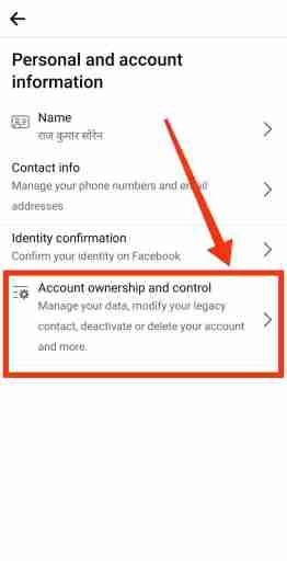 Toque en la opción de propiedad y control de la cuenta para desactivar temporalmente Facebook