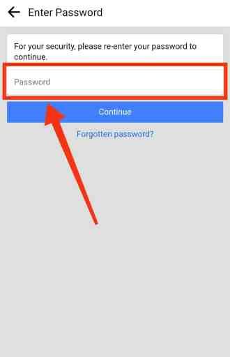 Ingrese su contraseña y presione el botón continuar para desactivar temporalmente Facebook