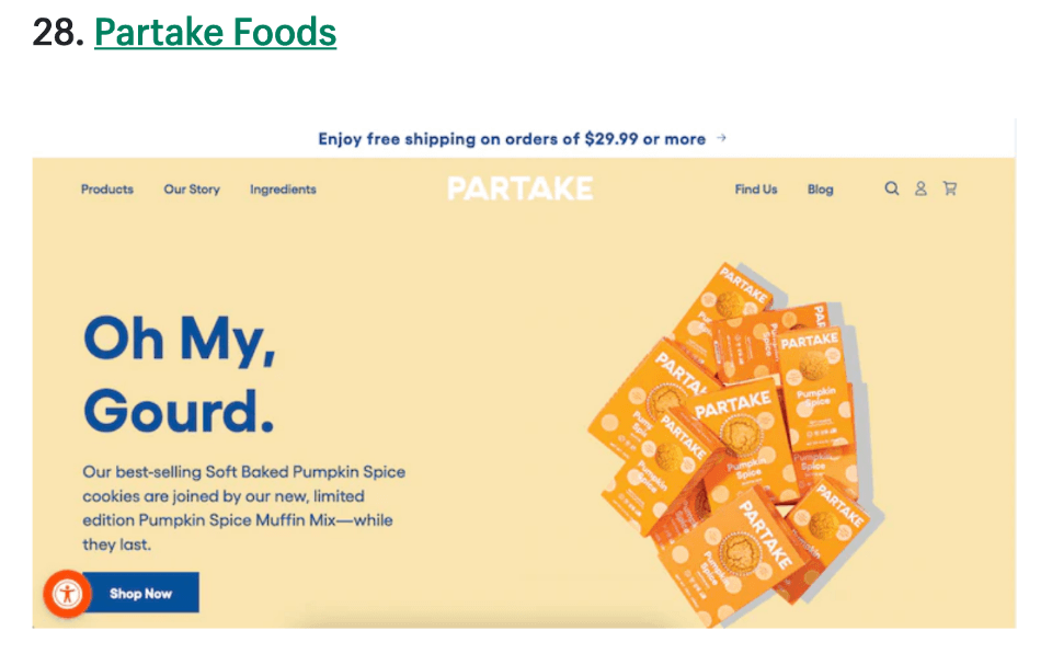 由 Shopify 托管的 Partake Foods 网站