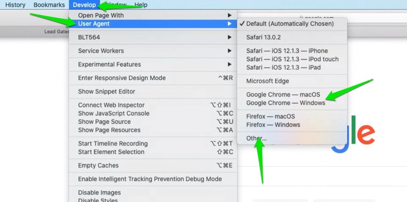 เปลี่ยน user-agent ใน Safari