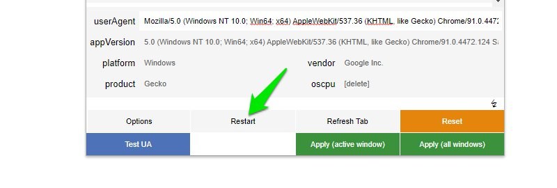 รีเซ็ต user-agent
