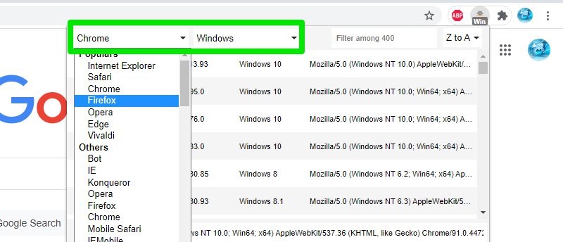 ส่วนขยาย User-agent Chrome