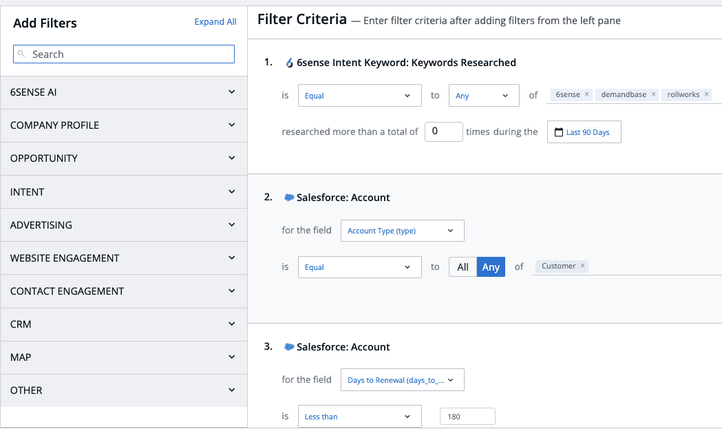 Critères de filtrage 6sense - Mots-clés et statut du compte client (Salesforce)