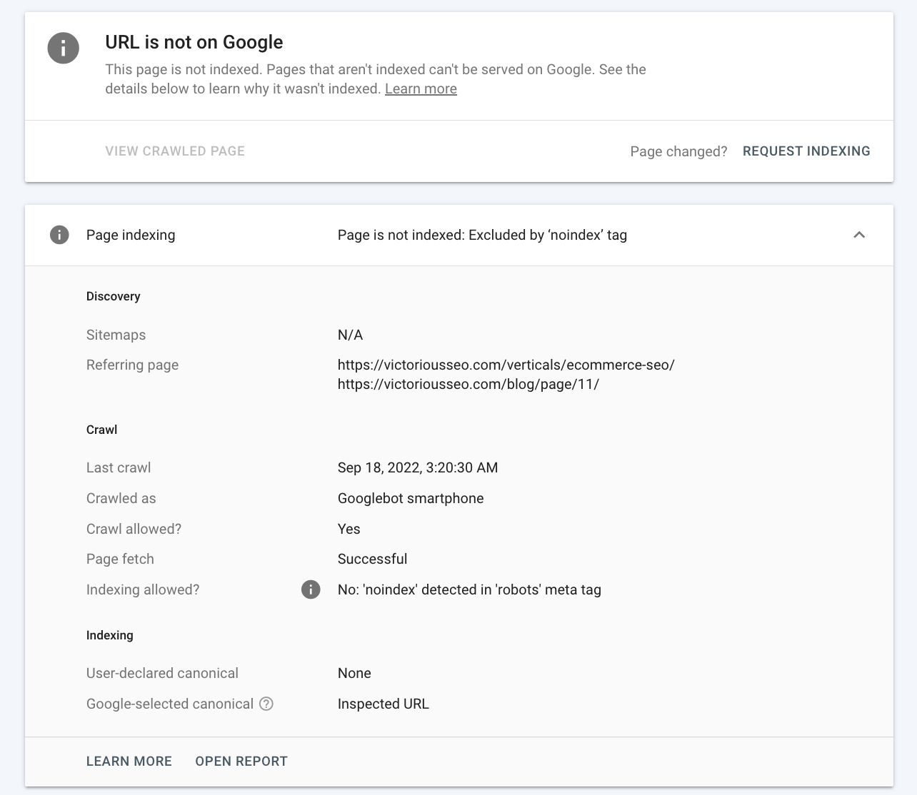 Alat inspeksi URL menunjukkan url tidak ada di Google selama audit SEO