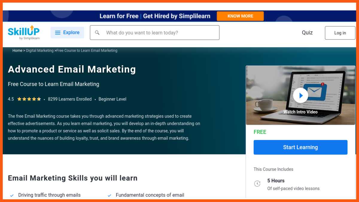 Zaawansowany kurs e-mail marketingu firmy Simplilearn