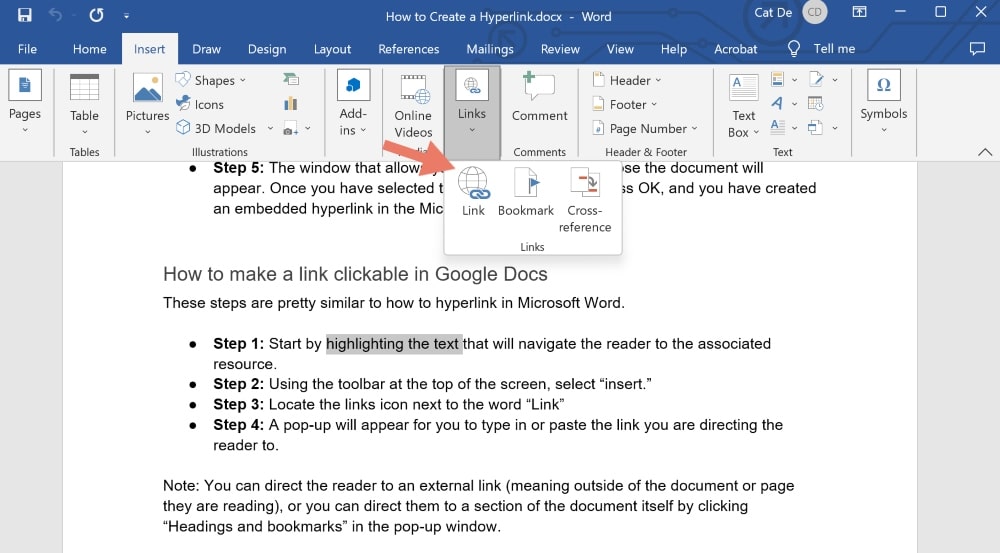creați un hyperlink în exemplul Microsoft Word