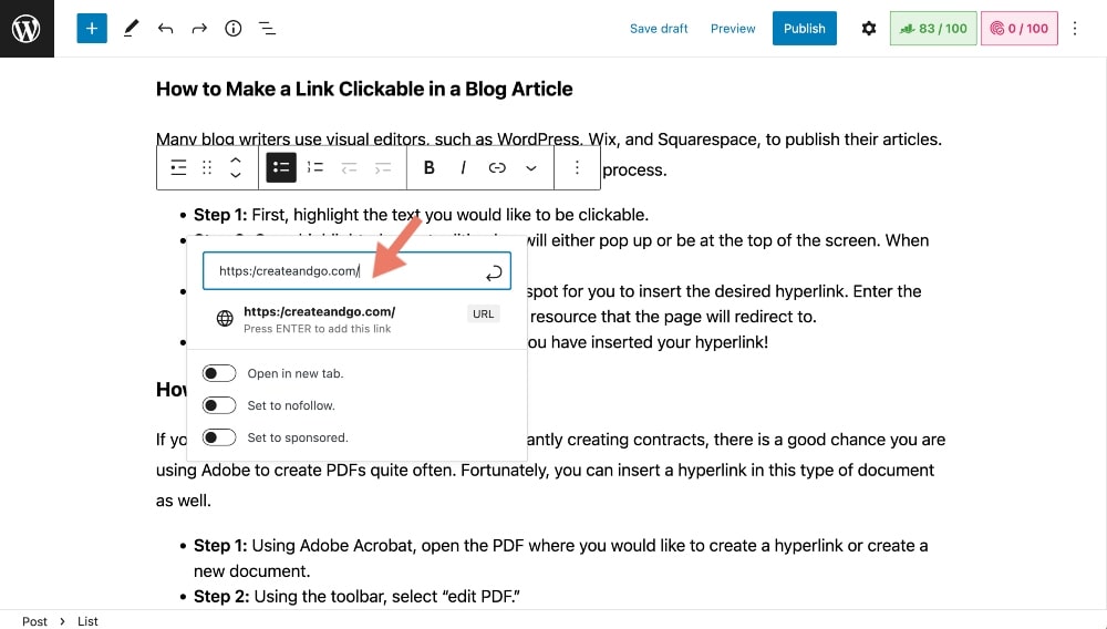 creați un hyperlink într-o postare de blog