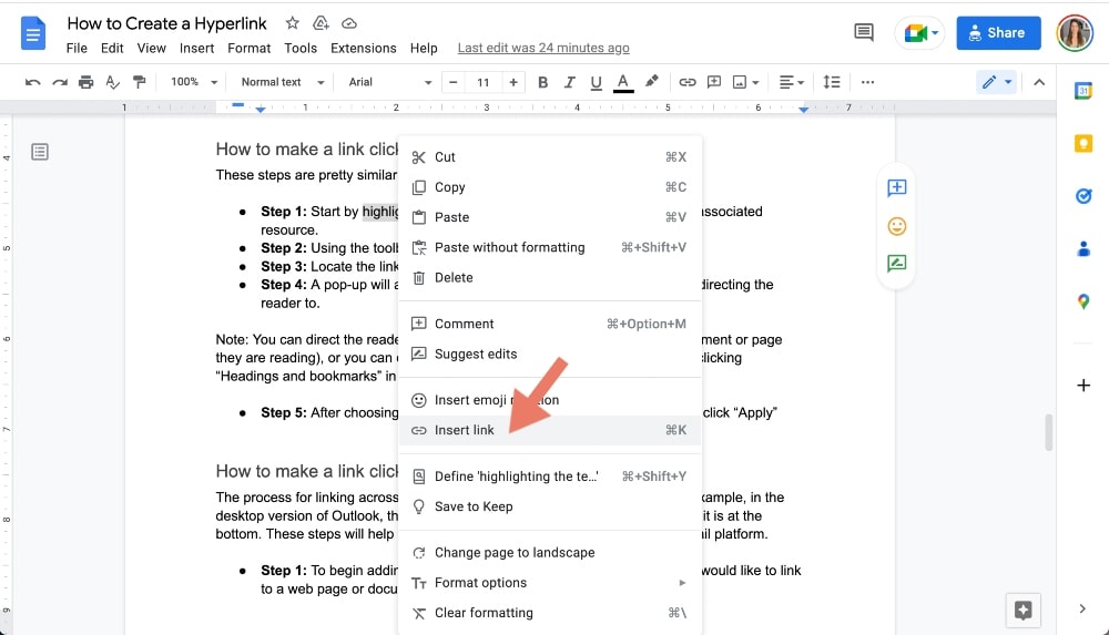 modalitate alternativă de a adăuga link la Google Docs