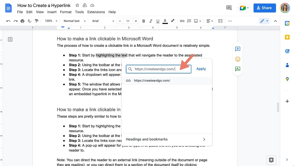 faceți un hyperlink în exemplul Google Docs