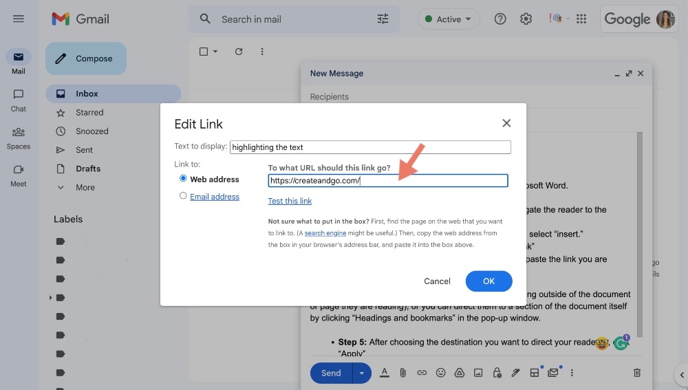faceți un hyperlink în gmail