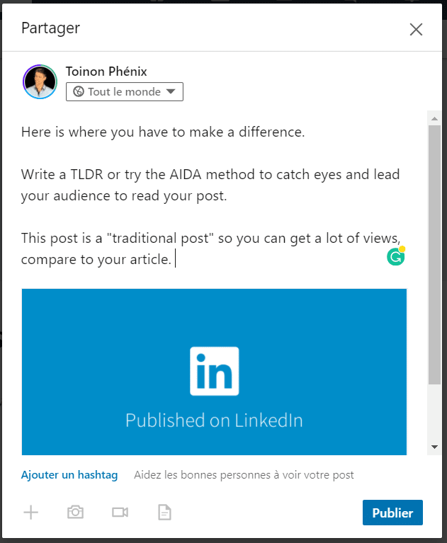 Exemplo de postagem no LinkedIn