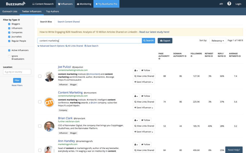 Buzzsumo untuk memantau reputasi online dan menemukan influencer