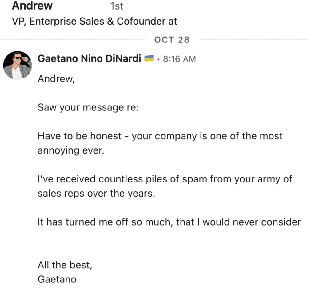 La respuesta de la vida real que envié a un vicepresidente de ventas después de recibir un DM frío en LinkedIn.