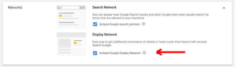 Google 广告中网络类型的屏幕截图。