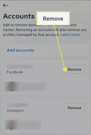Clique no botão Remover na configuração da Central de contas do Instagram para desconectar o Facebook do Instagram