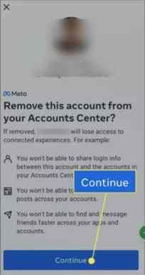 Vá para a configuração do centro de contas do Facebook e clique no botão remover para desconectar o Facebook do Instagram