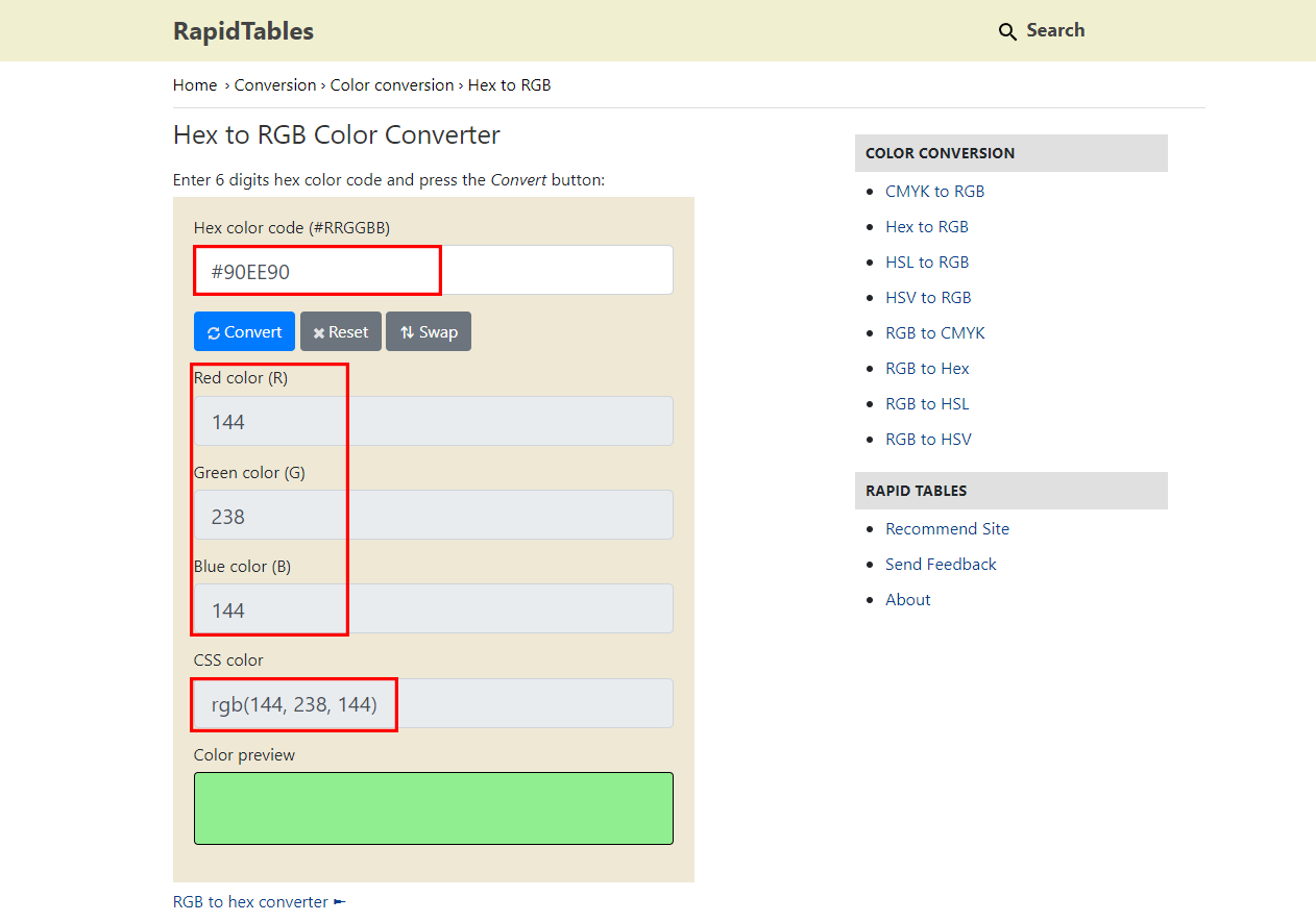 RapidTables Hex เป็น RGBA