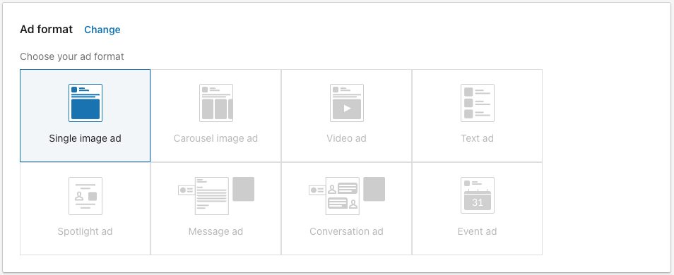 Uno screenshot che mostra i diversi tipi di formati di annunci che puoi utilizzare nella tua campagna LinkedIn.