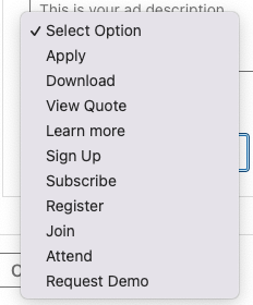 Screenshot che mostra le diverse opzioni che un utente ha per un pulsante di invito all'azione.
