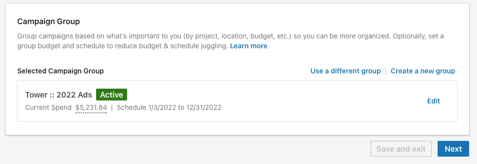screenshot di come un utente può selezionare un gruppo di campagne per la propria campagna LinkedIn.