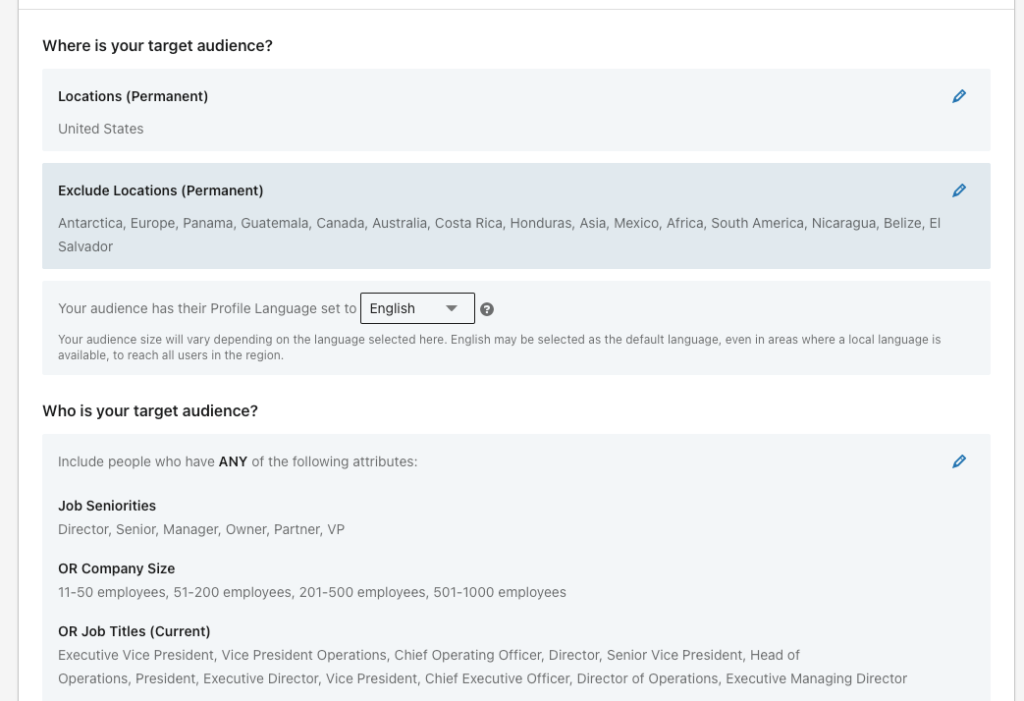 Un esempio di un pubblico di LinkedIn all'interno di Campaign Manager