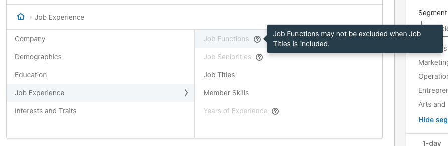 Uno screenshot di esempio che mostra che le funzioni lavorative non possono essere escluse quando sono inclusi i titoli professionali.