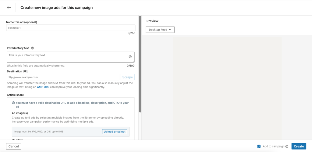 Screenshot della schermata che vedrai quando crei un annuncio LinkedIn.
