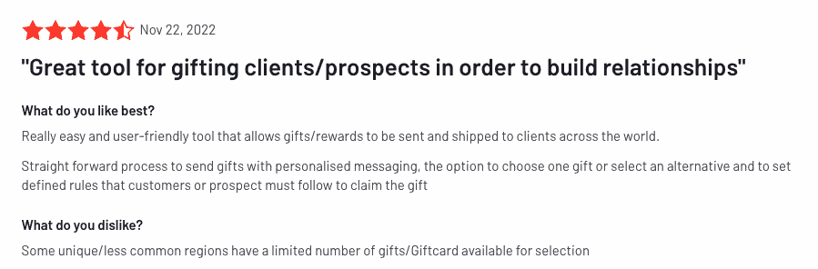 Recenzja na 4,8 gwiazdki: Świetne narzędzie do wręczania prezentów klientom i potencjalnym klientom w celu budowania relacji (opublikowane na G2)