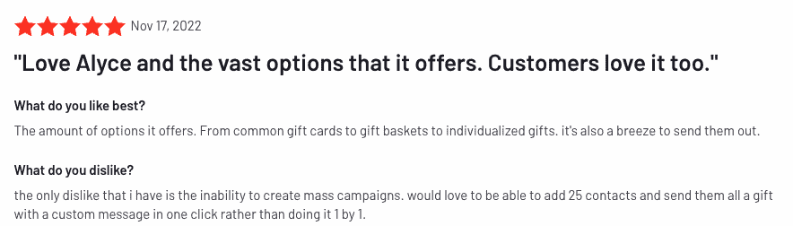 Pięciogwiazdkowa recenzja: Uwielbiam Alyce i jej rozległe możliwości. Klienci też to uwielbiają. (opublikowane na G2)