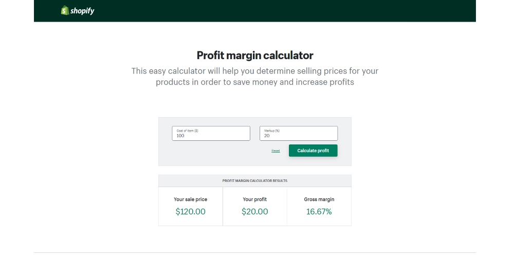 Calculator pentru marja de profit Shopify