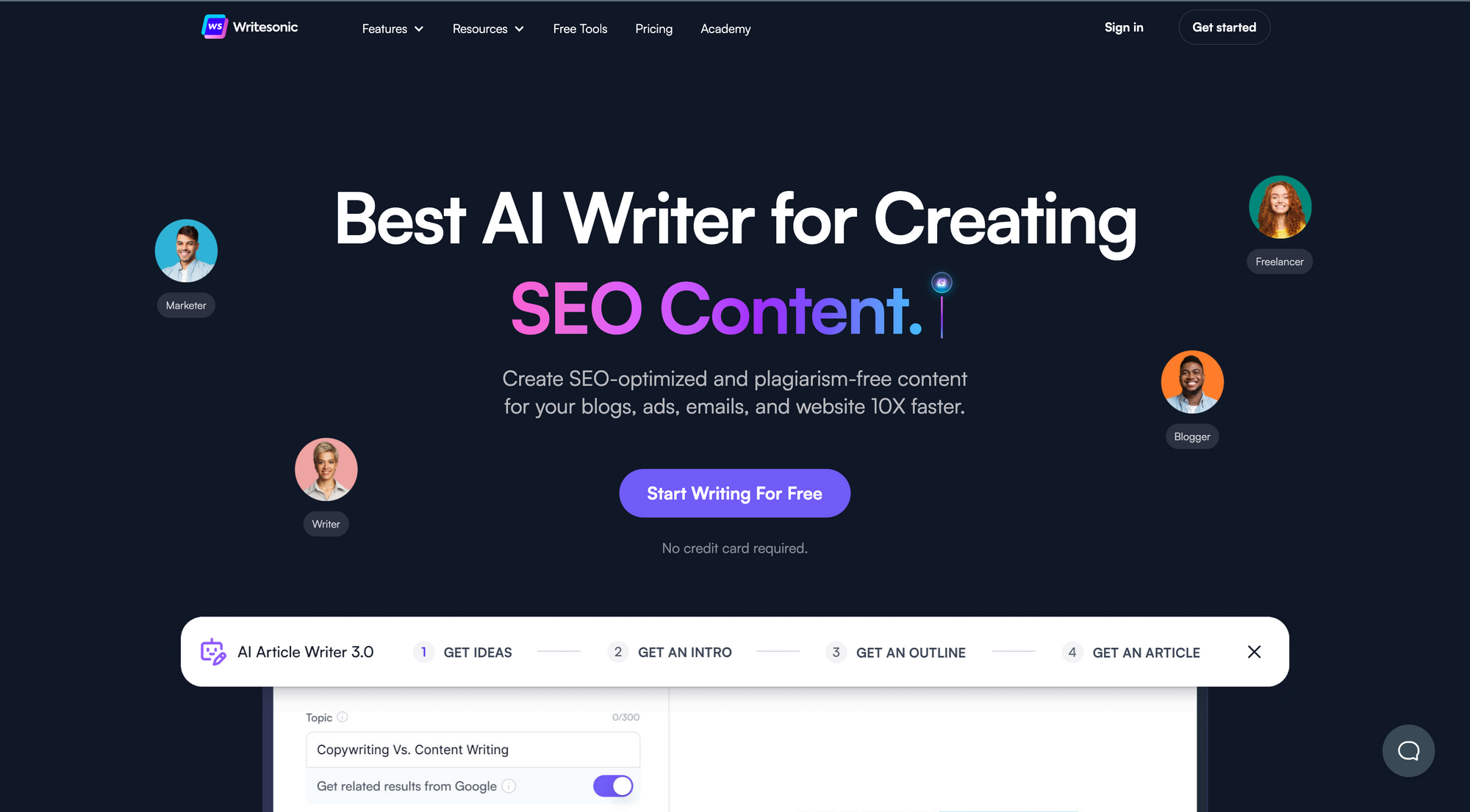 Page d'accueil Writesonic - Rédigez du contenu optimisé pour le référencement
