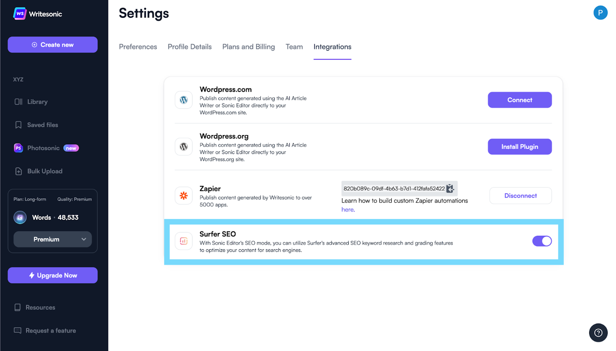 Comment intégrer Surfer à Writesonic - Étape 2 - Écrire du contenu optimisé pour le référencement