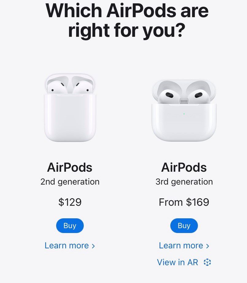 Apple AirPods 頁面的屏幕截圖顯示了可用的不同 AirPods